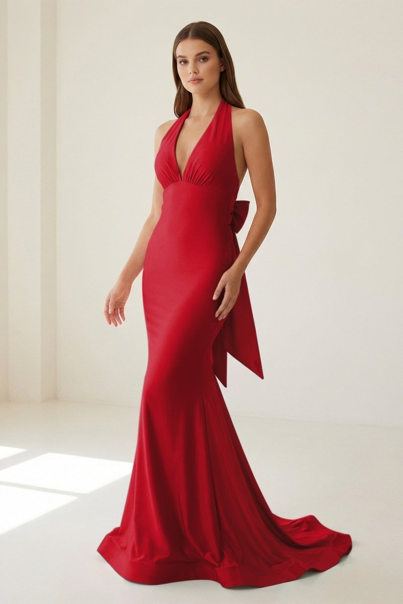 Pink Halter Mermaid Satin Open Back Formal Prom Dresses With Bow, product image 32