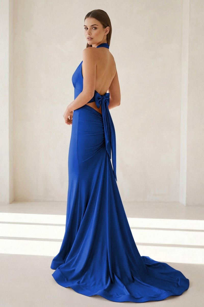 Pink Halter Mermaid Satin Open Back Formal Prom Dresses With Bow, product image 22