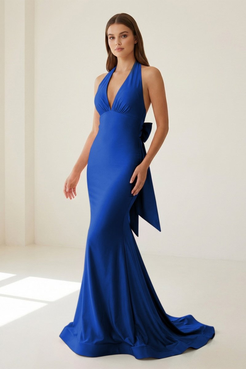 Pink Halter Mermaid Satin Open Back Formal Prom Dresses With Bow, product image 23