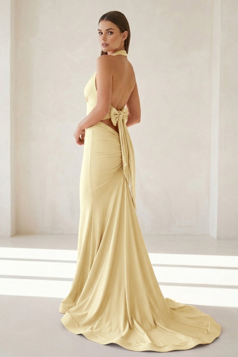 Pink Halter Mermaid Satin Open Back Formal Prom Dresses With Bow, product image 7