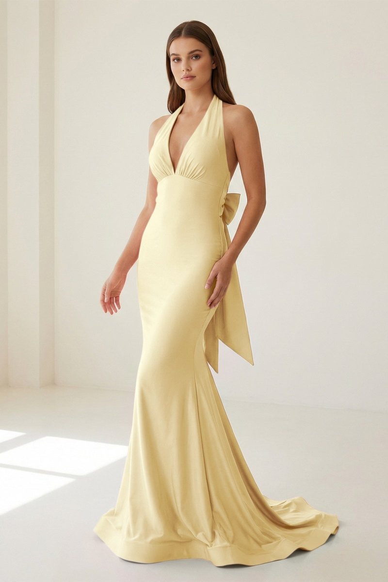 Pink Halter Mermaid Satin Open Back Formal Prom Dresses With Bow, product image 8