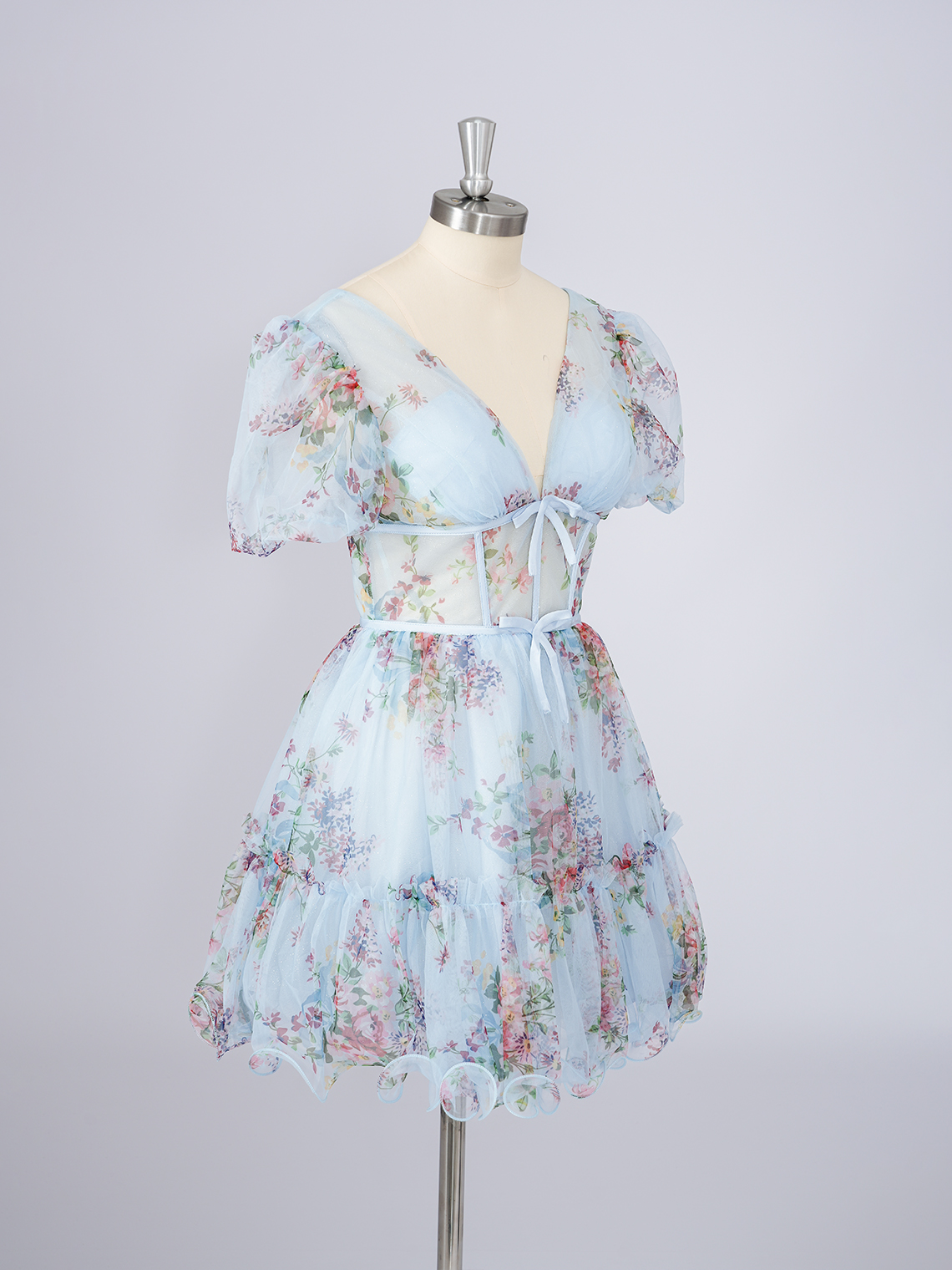 Blue A-Line Chiffon V Neck With Bow knot Short Homecoming Dress