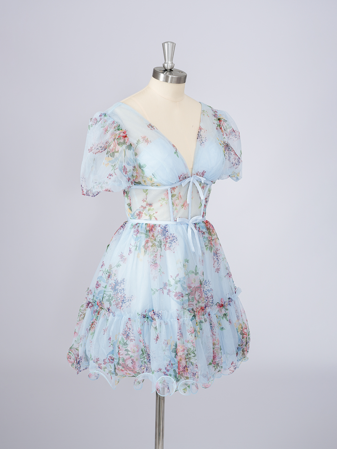 Blue A-Line Chiffon V Neck With Bow knot Short Homecoming Dress