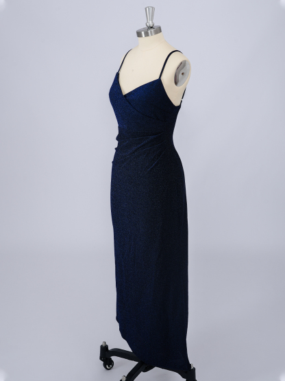 Dress Dark Navy Sheath V Neck Tea Length With Solid Color Long Prom Dress