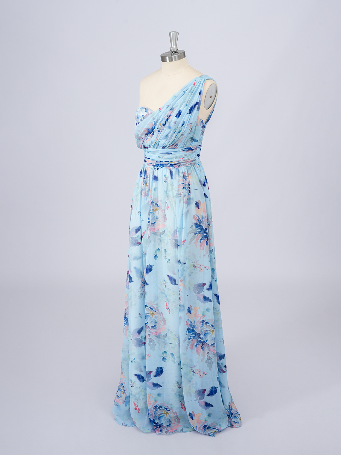 Blue Chiffon A-Line Dress with floral patterns Long Prom Dress