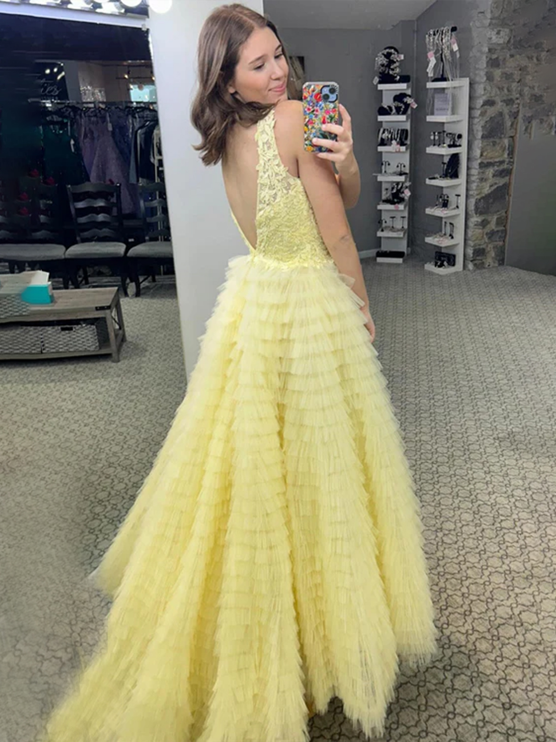 A-line Lace Plunge V Neck Ruffle Tiered Long with Slit Prom Dress