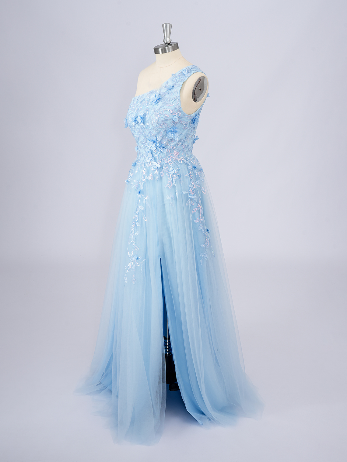 Blue A-Line One Shoulder Floor Length With Appliques Long Prom Dress