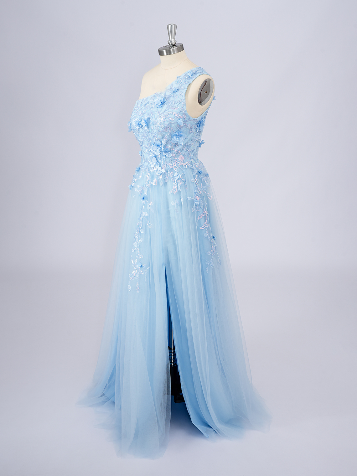 Blue A-Line One Shoulder Floor Length With Appliques Long Prom Dress
