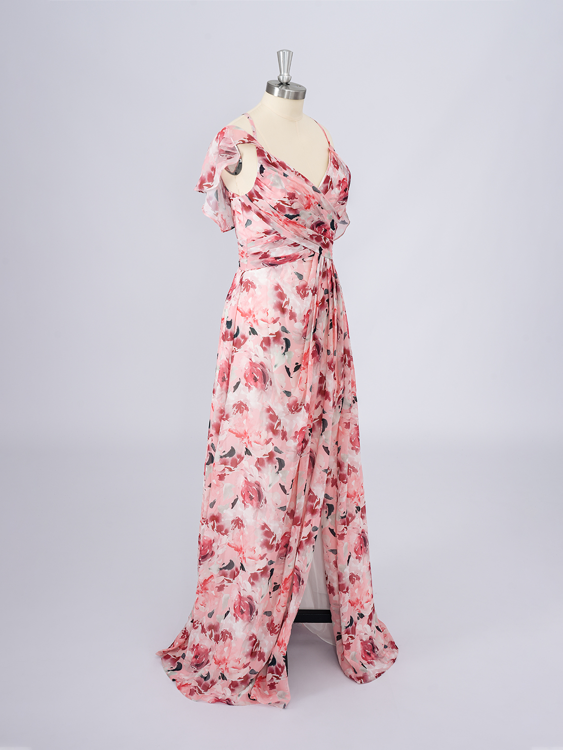Pink A-Line Chiffon Dress with floral patterns Long Prom Dress