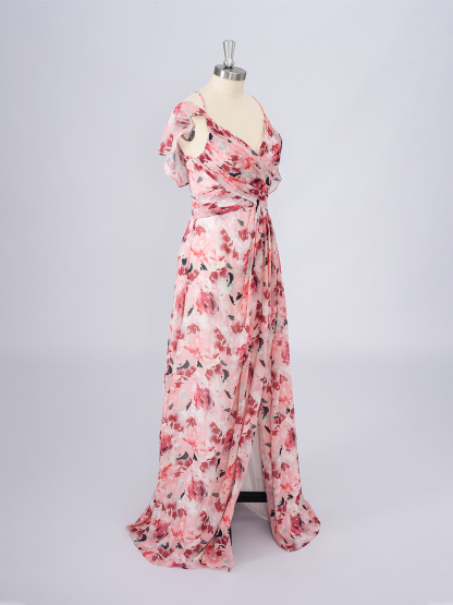 Dress Pink A-Line Chiffon Dress with floral patterns Long Prom Dress