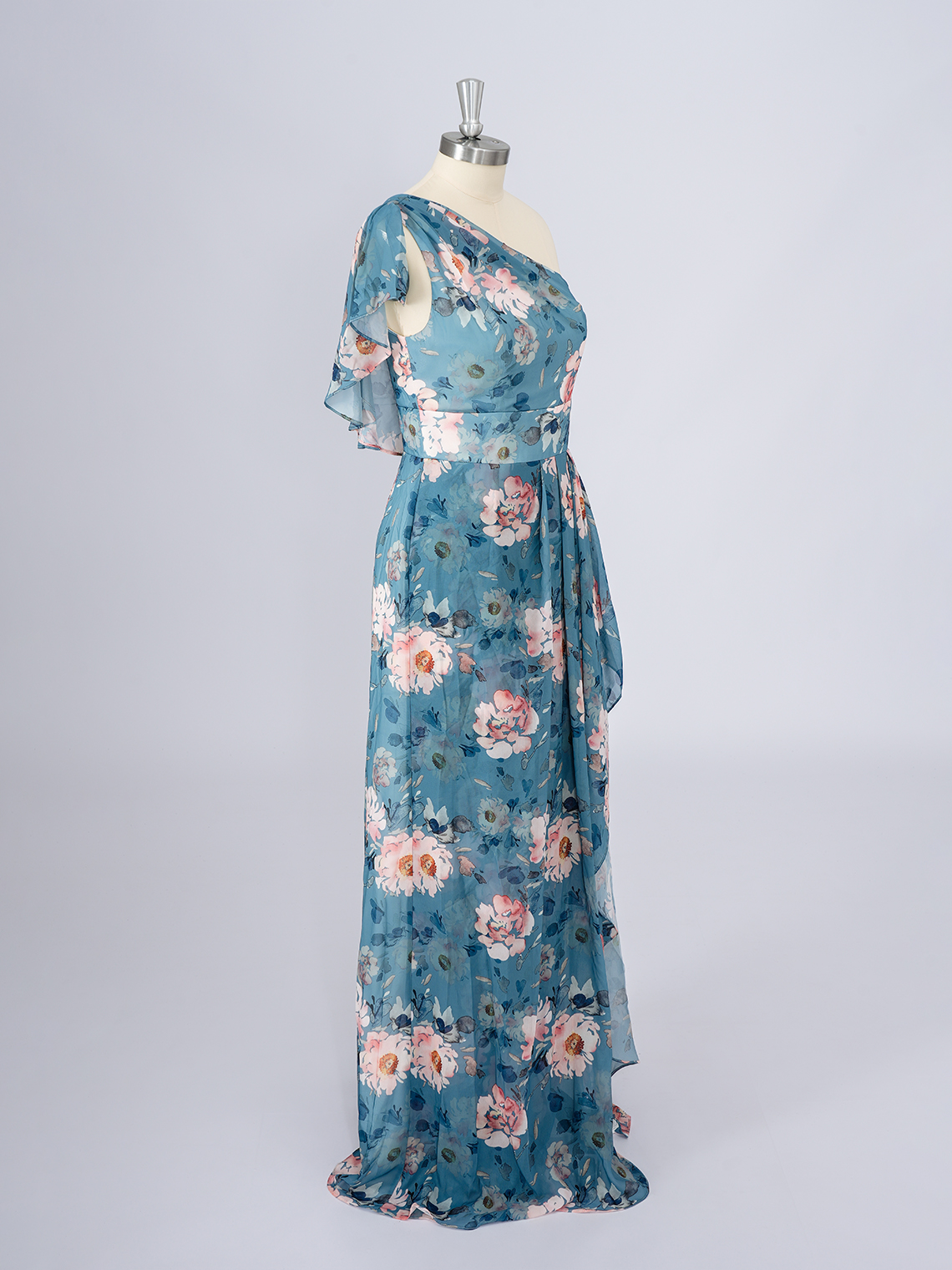 Blue A-Line Chiffon Dress with floral patterns One Shoulder Prom Dress