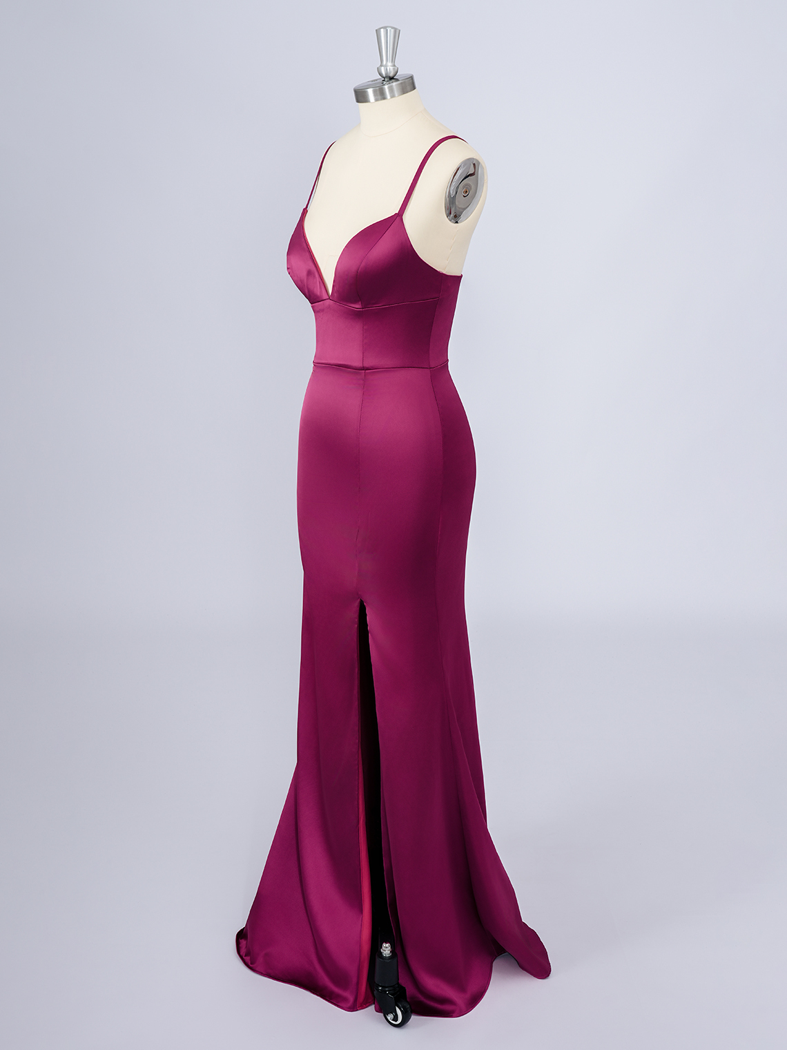 Fuchsia Satin Mermaid Spaghetti Floor Length With Slit Long Prom Dress
