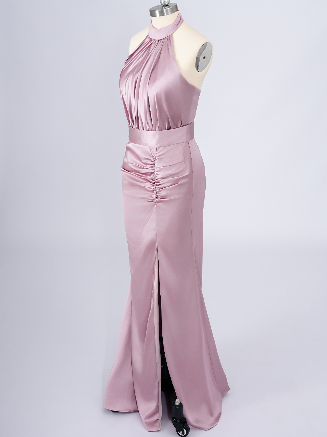 Dusty Rose Mermaid Satin Halter Ruffles With Slit Long Prom Dress