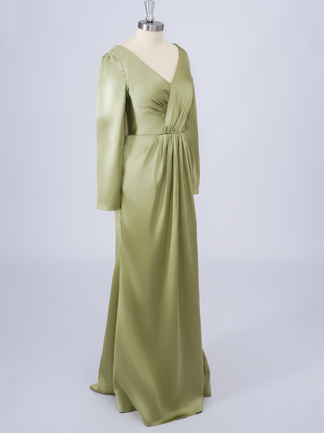 Dark Sage Mermaid V Neck Long Sleeves With Ruffles Long Prom Dress