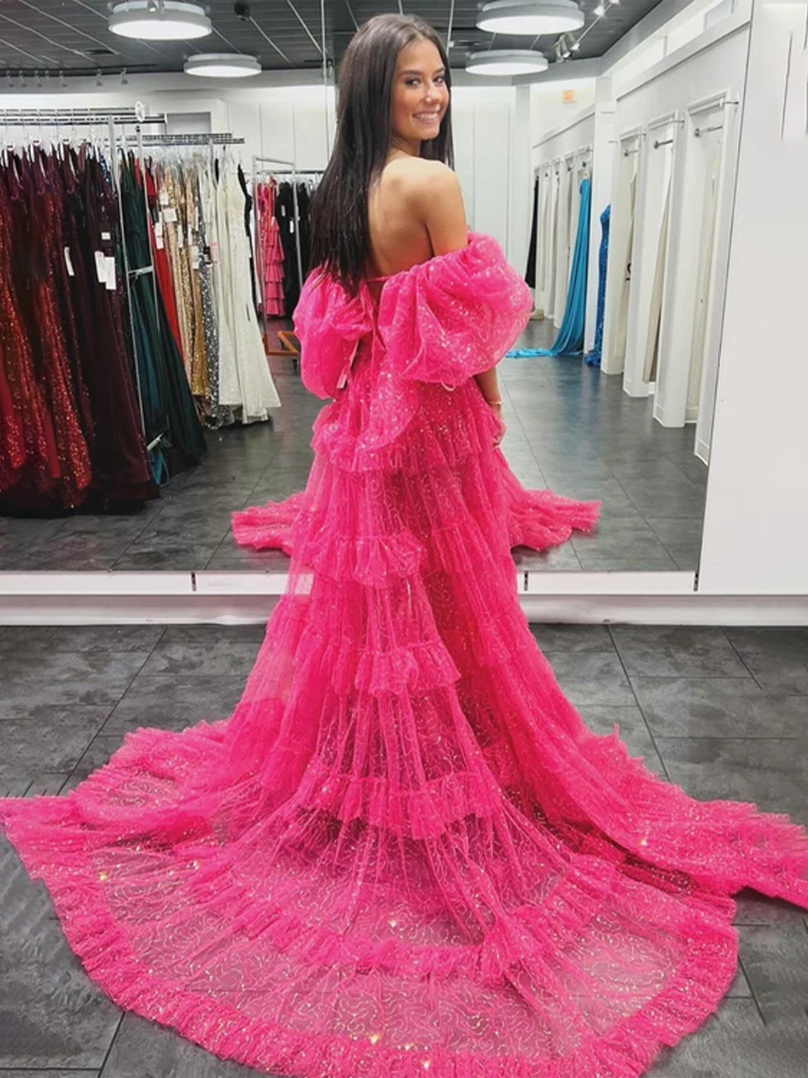 Two-Piece Fuchsia Puff Tulle Sleeve Ruffle Glitter Slit Prom Dress