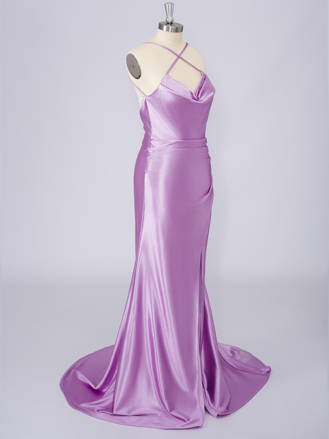 Lilac Silk Satin Mermaid Spaghetti Solid Color With Split Prom Dress