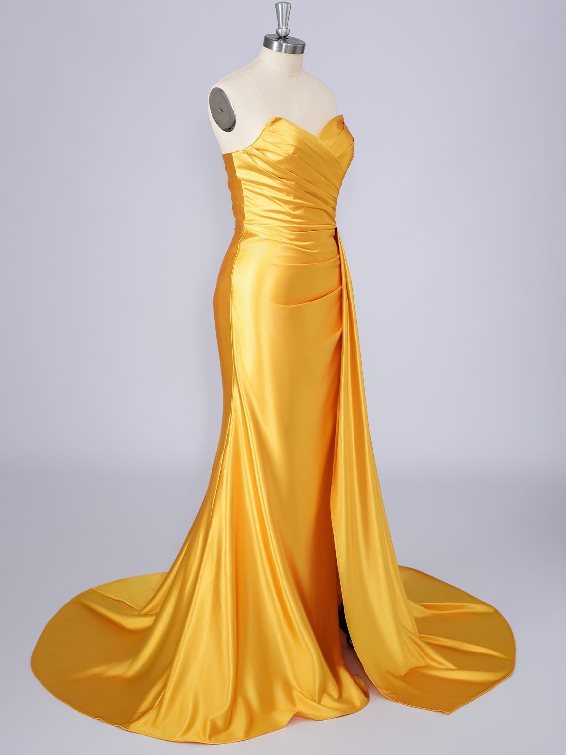Yellow Mermaid Satin Strapless Solid Color With Ruffles Prom Dress