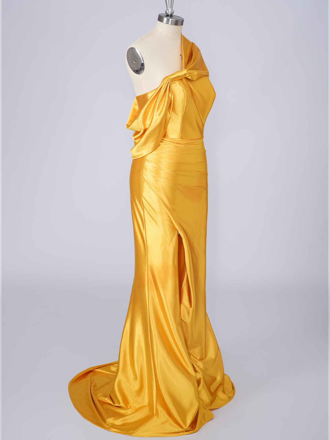 Yellow Mermaid Silk Satin One Shoulder With Slit Long Prom Dress