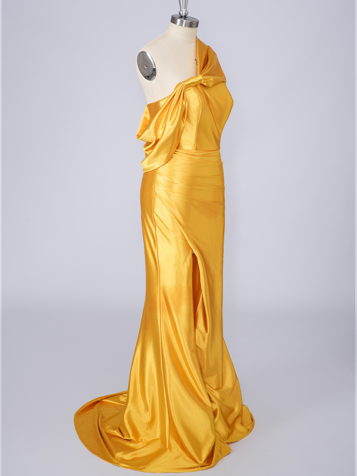 Yellow Mermaid Silk Satin One Shoulder With Slit Long Prom Dress
