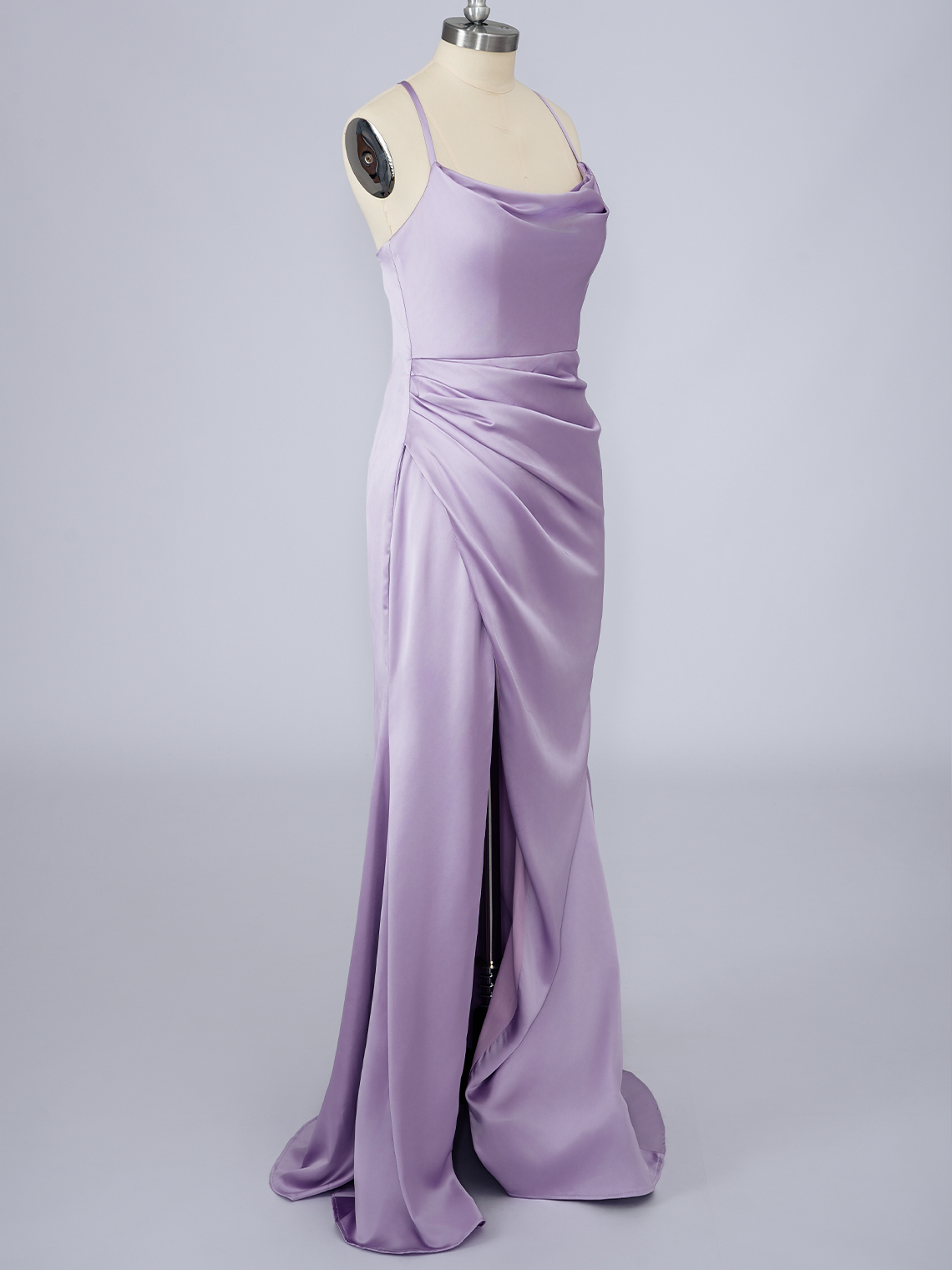 Lilac Silk Satin Spaghetti Floor Length With Slit Long Prom Dress