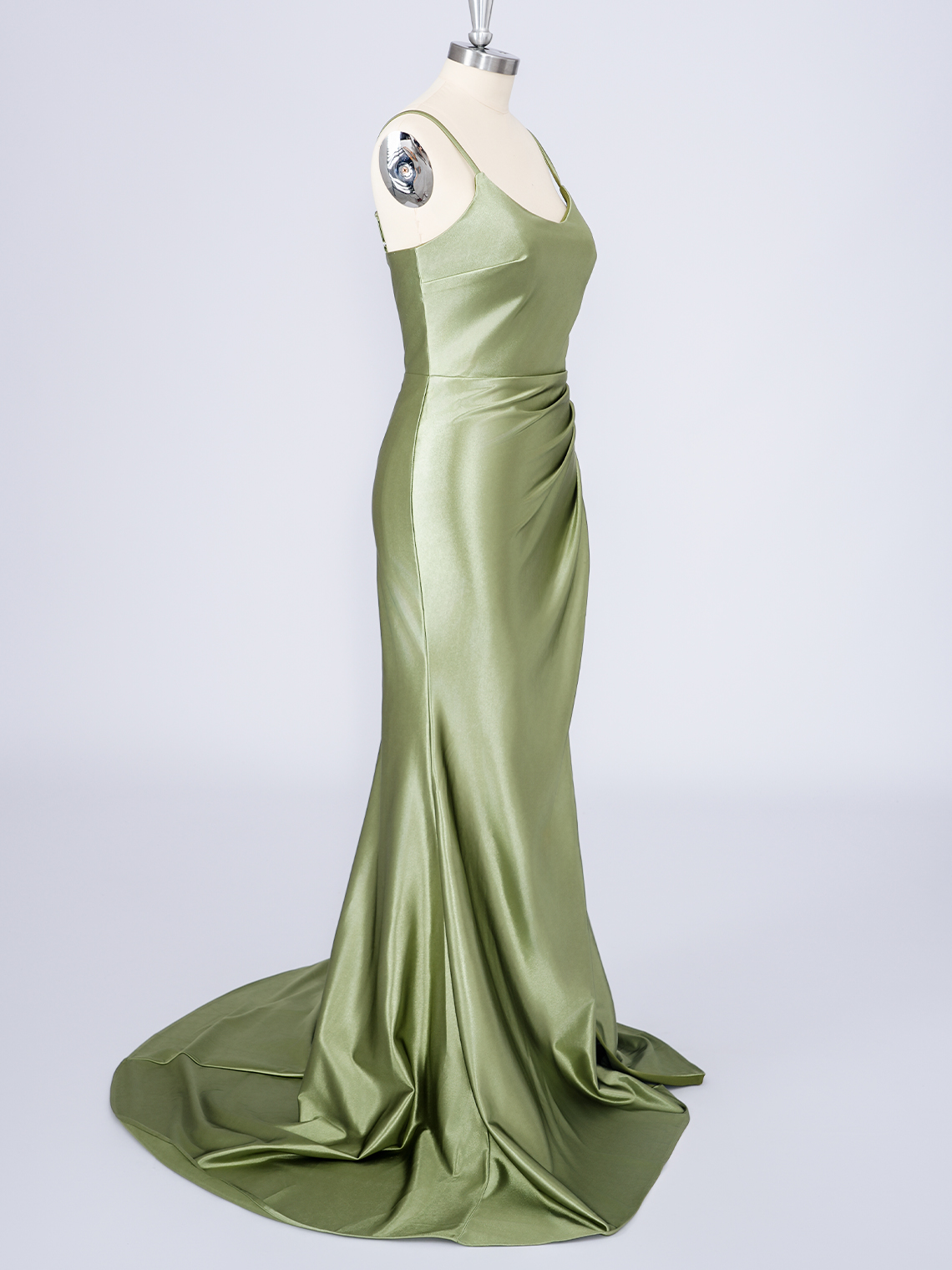 Dusty Sage Silk Satin Spaghetti Solid Color With High Split Prom Dress