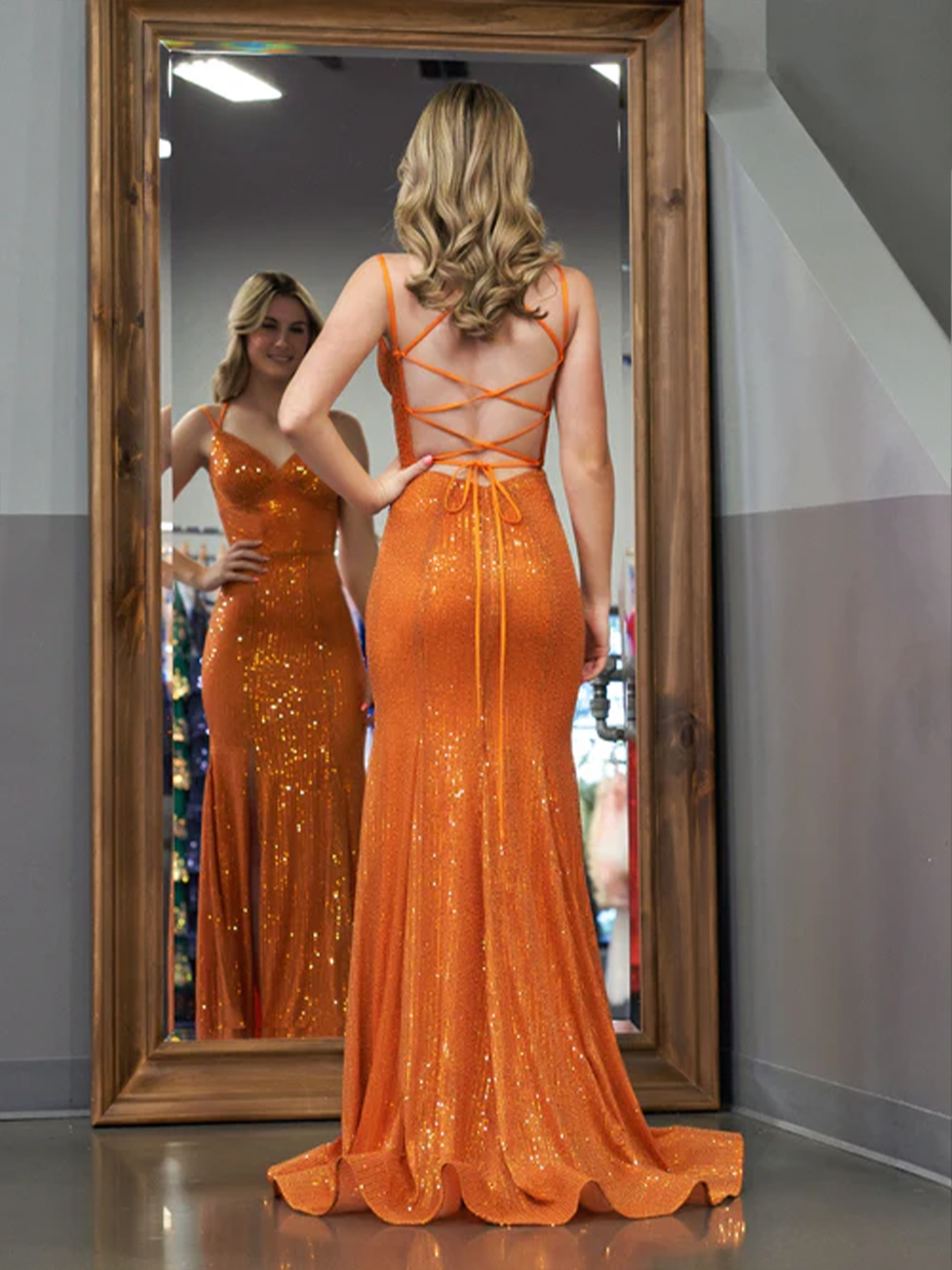 Sparkly Orange Mermaid V Neck Sequins Long with Slit Prom Dresses 