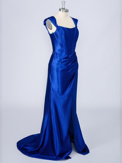Dress Mermaid Satin Cap Sleeve Sleeveless With Ruffles Long Prom Dress