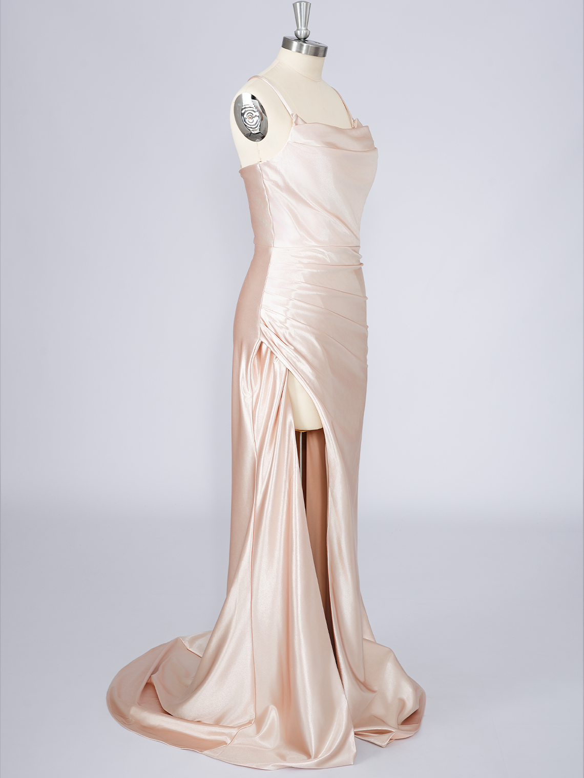 Champagne Silk Satin Mermaid Spaghetti With Split Long Prom Dress