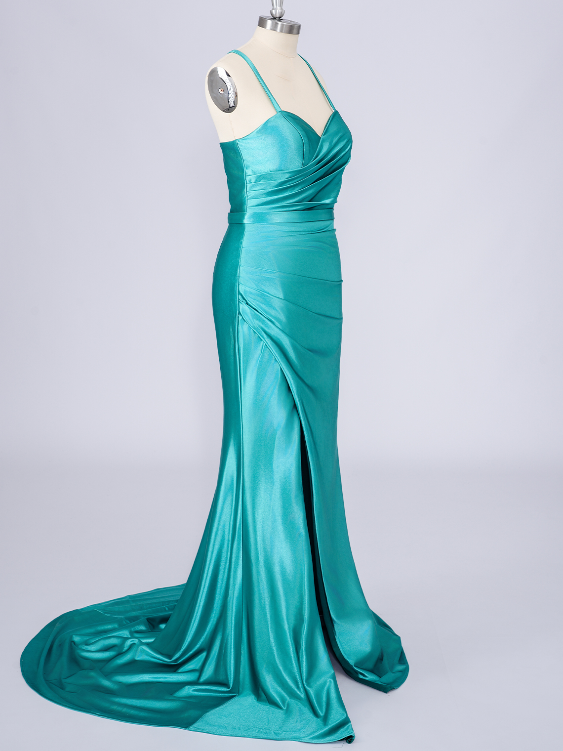 Aqua Blue Mermaid Satin Spaghetti Sleeveless With Slit Long Prom Dress