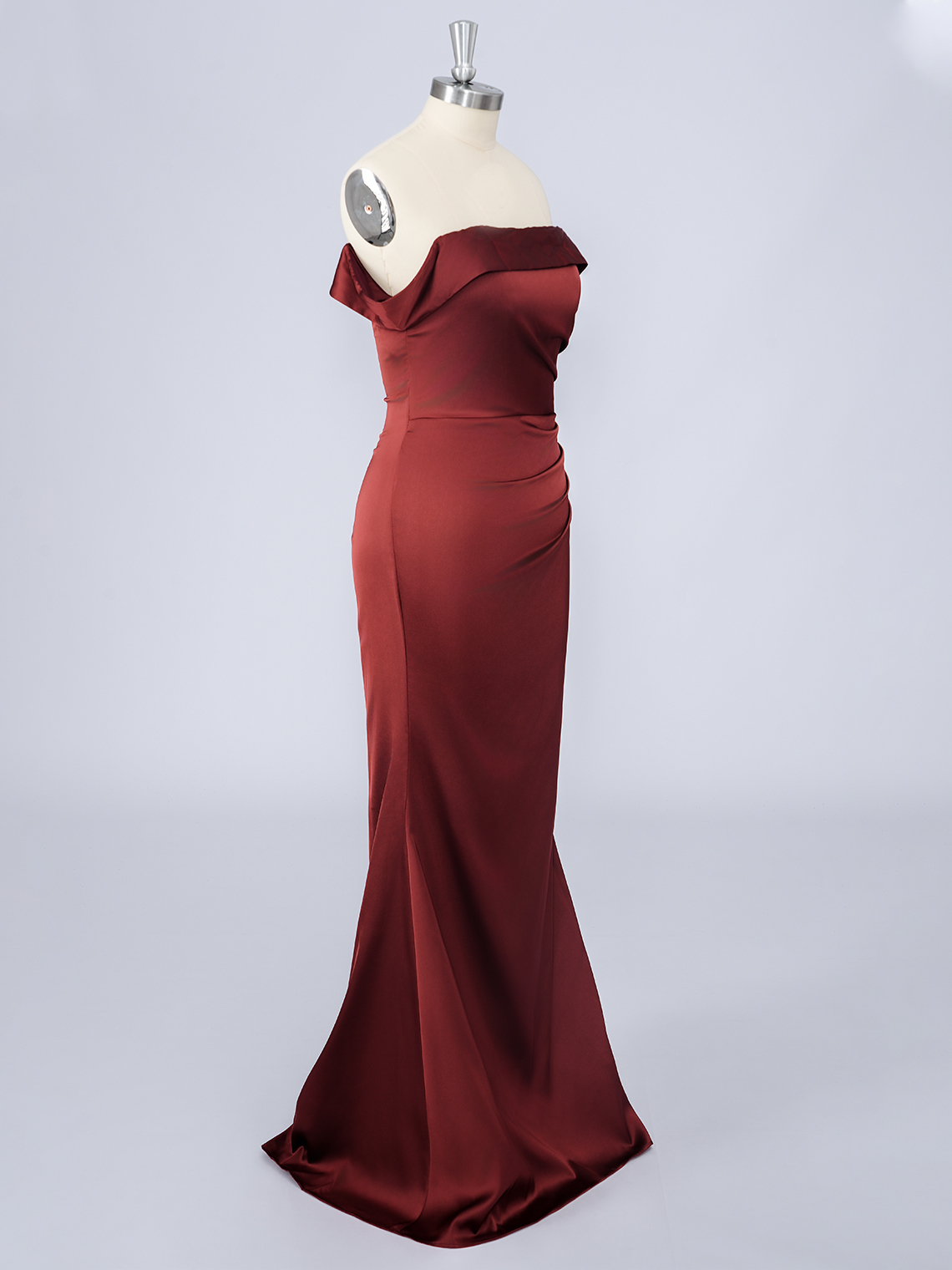 Burgundy Mermaid Satin Off Shoulder Solid Color With Pleats Prom Dress