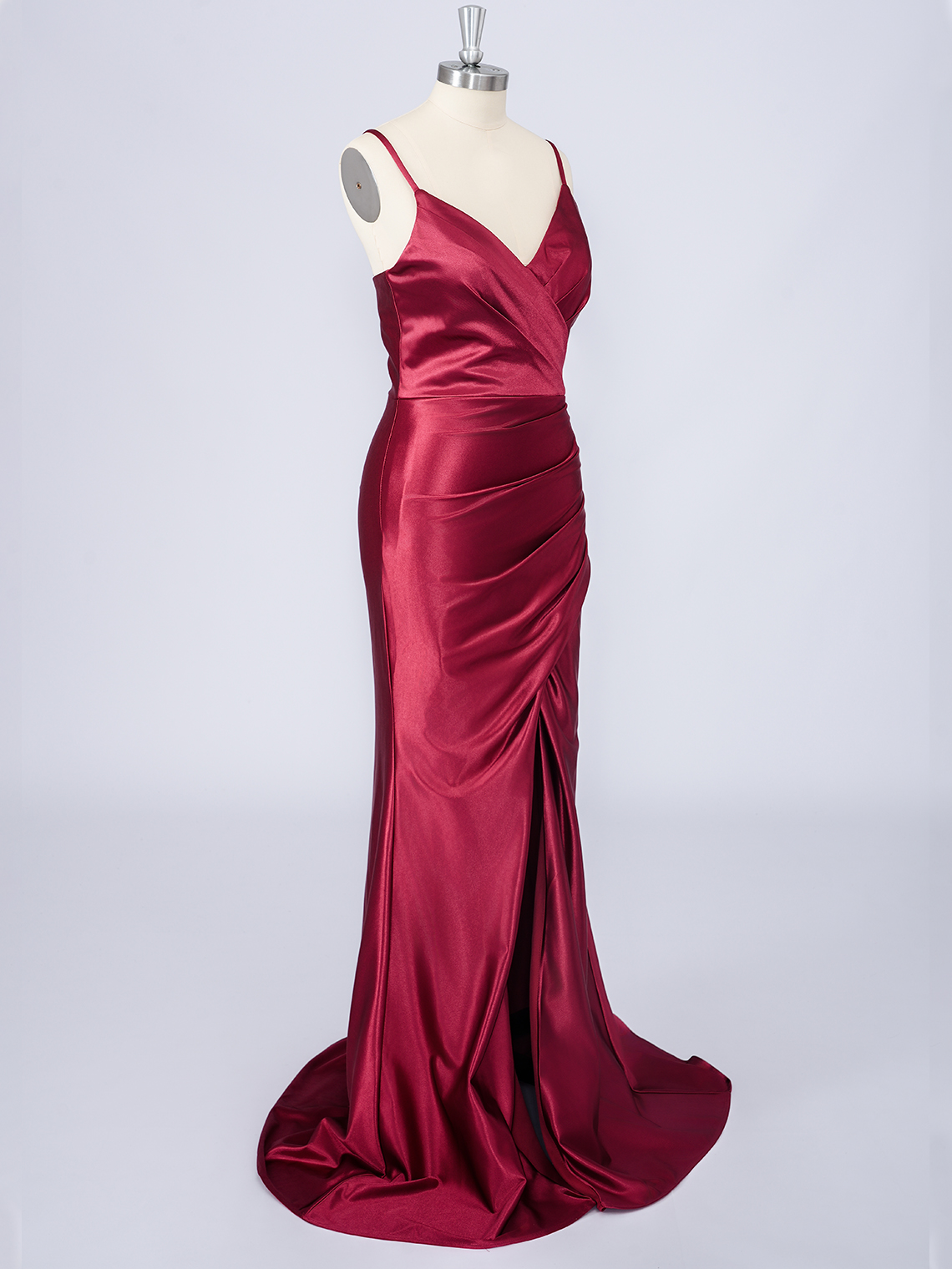 Light Burgundy Solid Color Satin Spaghetti With Slit Long Prom Dress