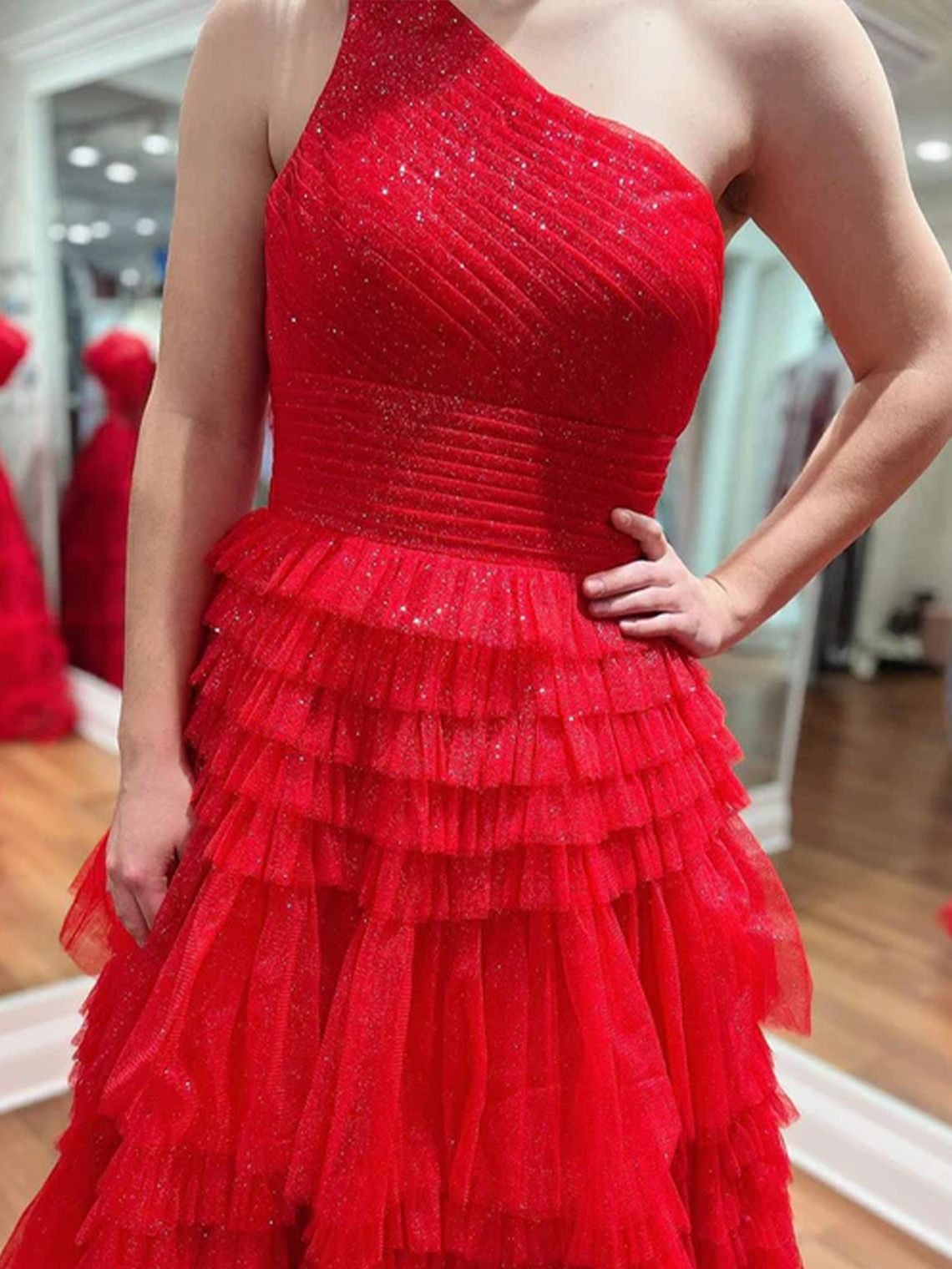 Sparkly A-Line Red One Shoulde Ruffle Tulle Sexy Long Prom Dress