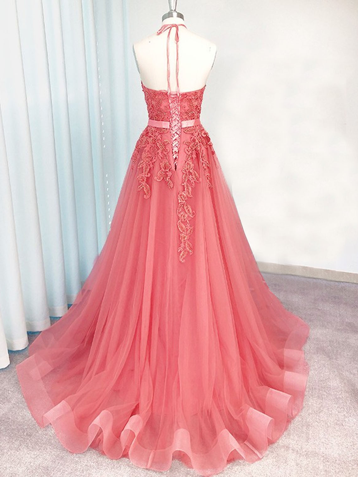 Watermelon Red A Line Tulle Halter Sleeveless Applique Evening Dress