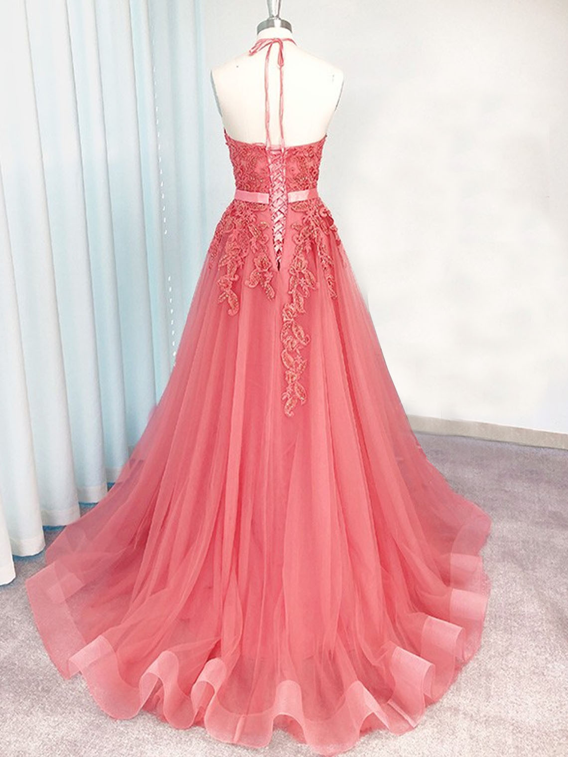Watermelon Red A Line Tulle Halter Sleeveless Applique Evening Dress