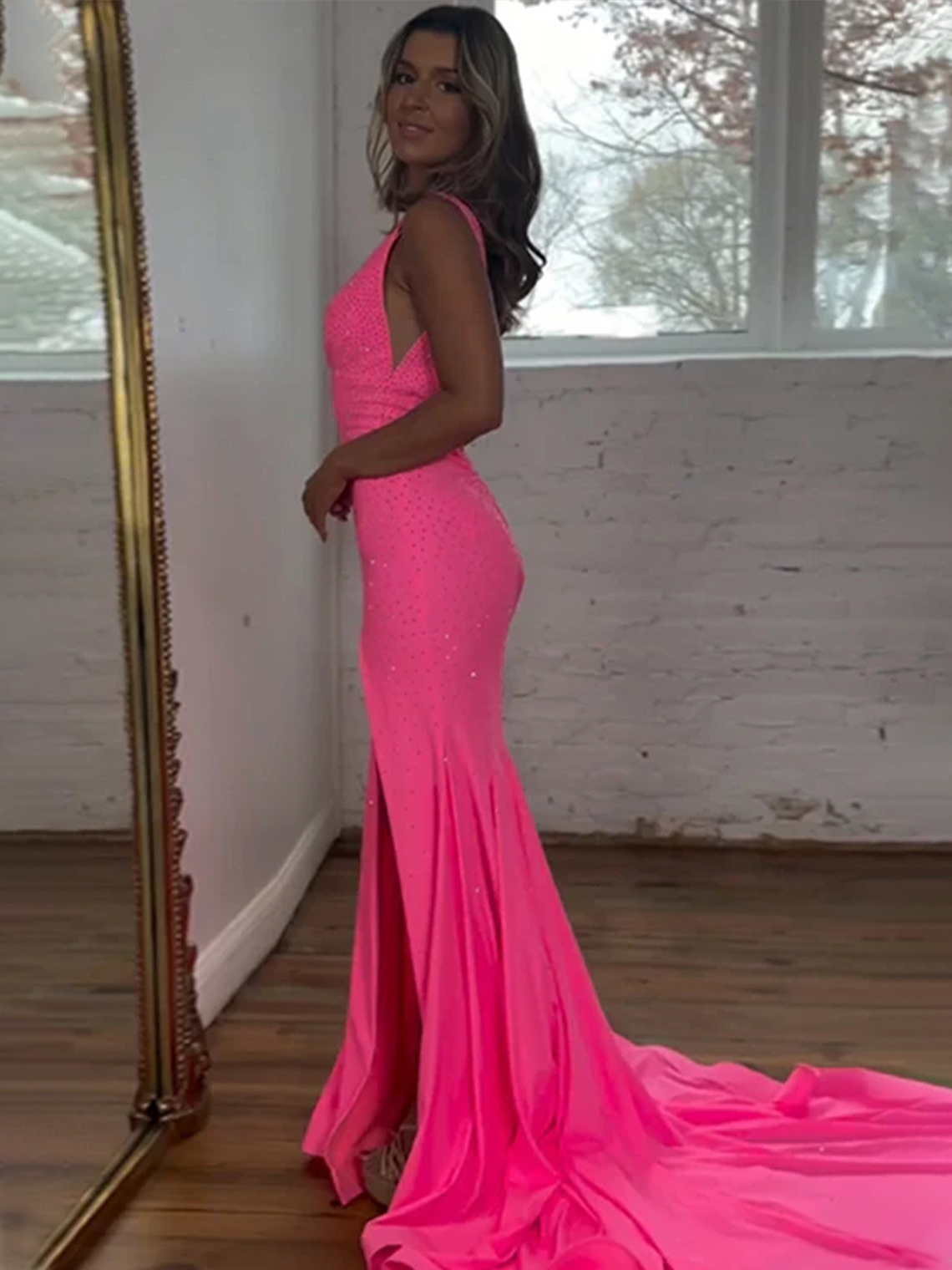 Sparkly Pink V Neck Mermaid Sweep Train Beaded With Split Prom Dress