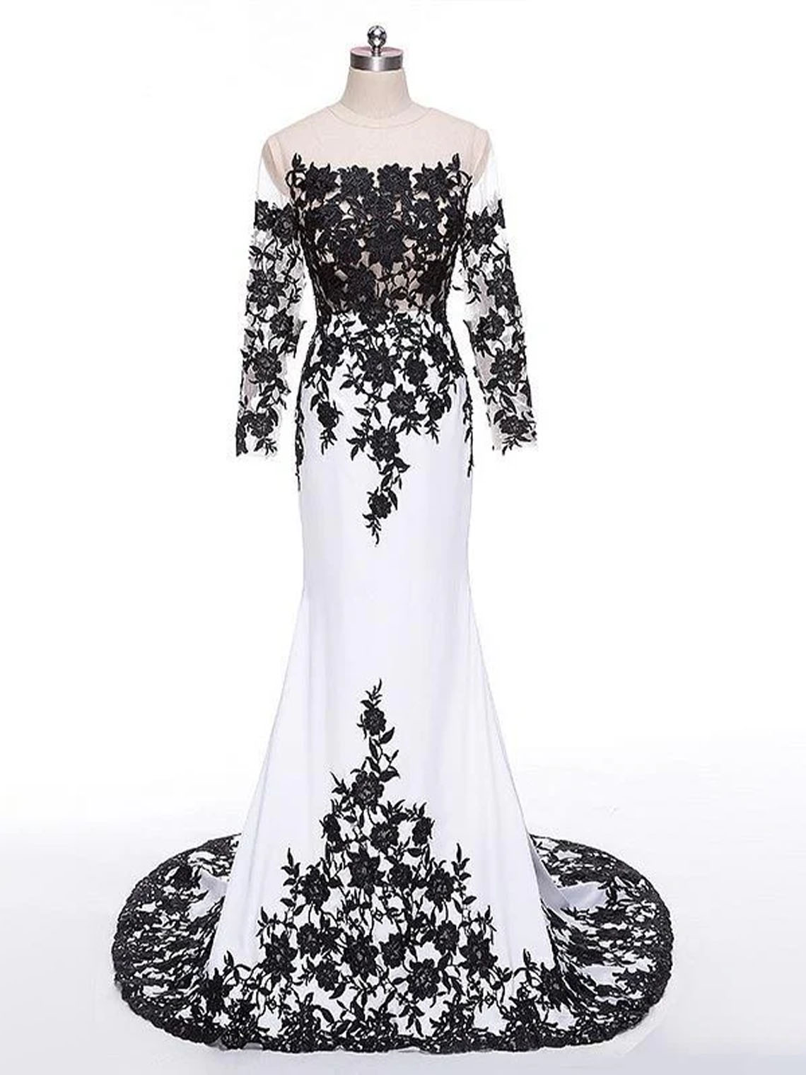 Mermaid Satin White Black Lace Long Sleeves With Appliques Prom Dress