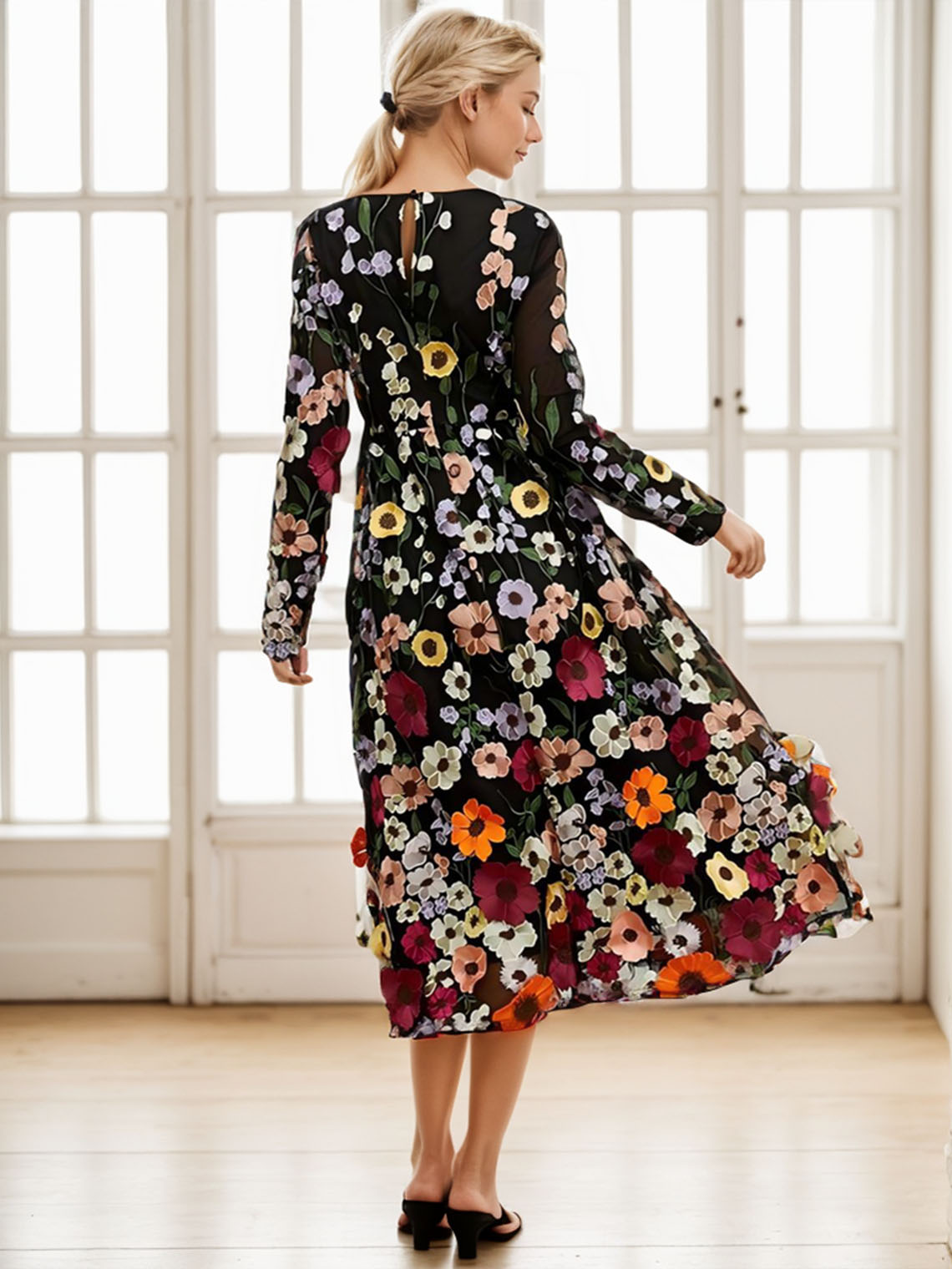 Black V Neck Tulle Long Sleeve Tea Length With Embroidered Prom Dress