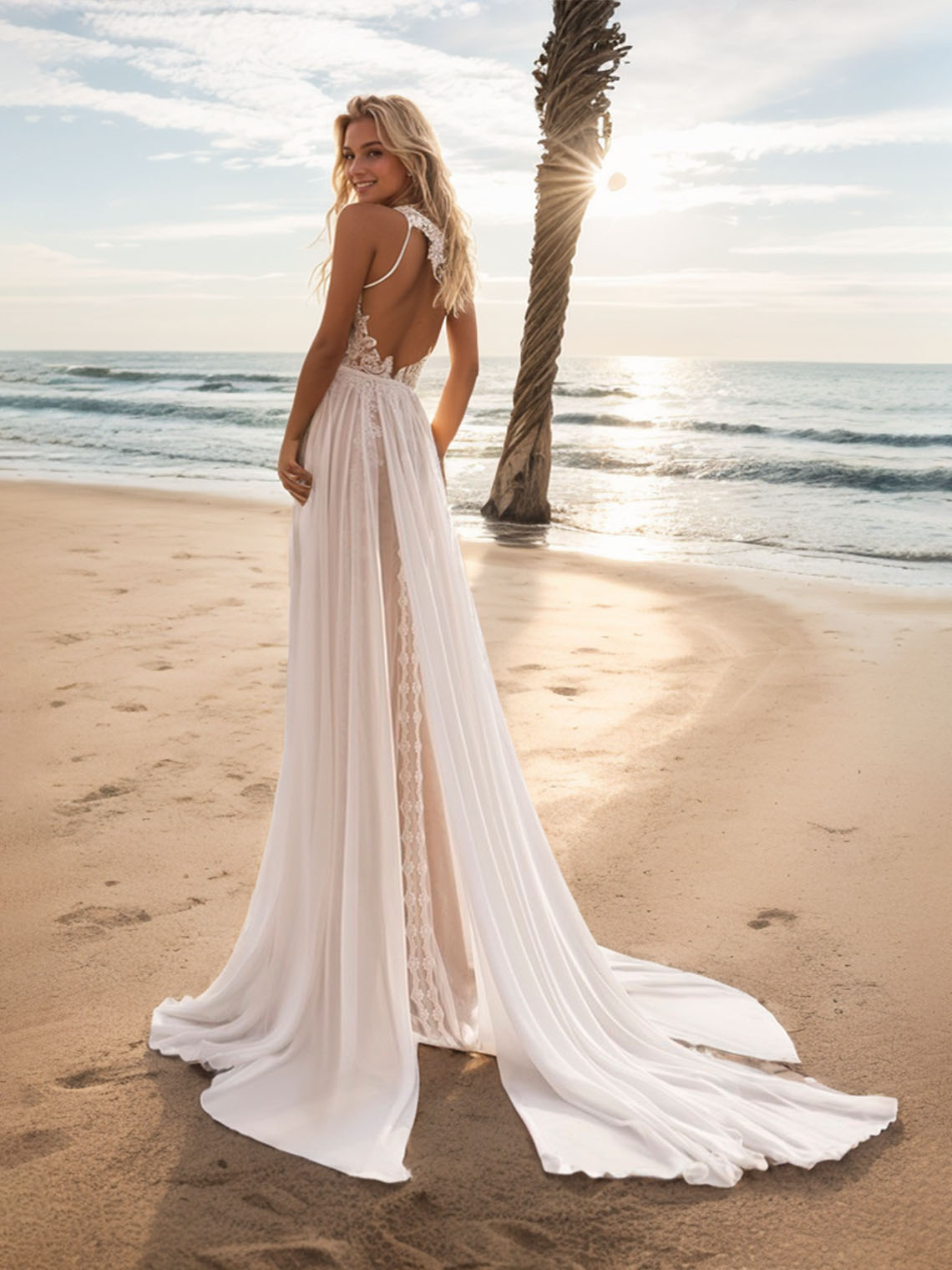 Bohemian Vintage A-Line Illusion Sleeveless Court Train Wedding Dress
