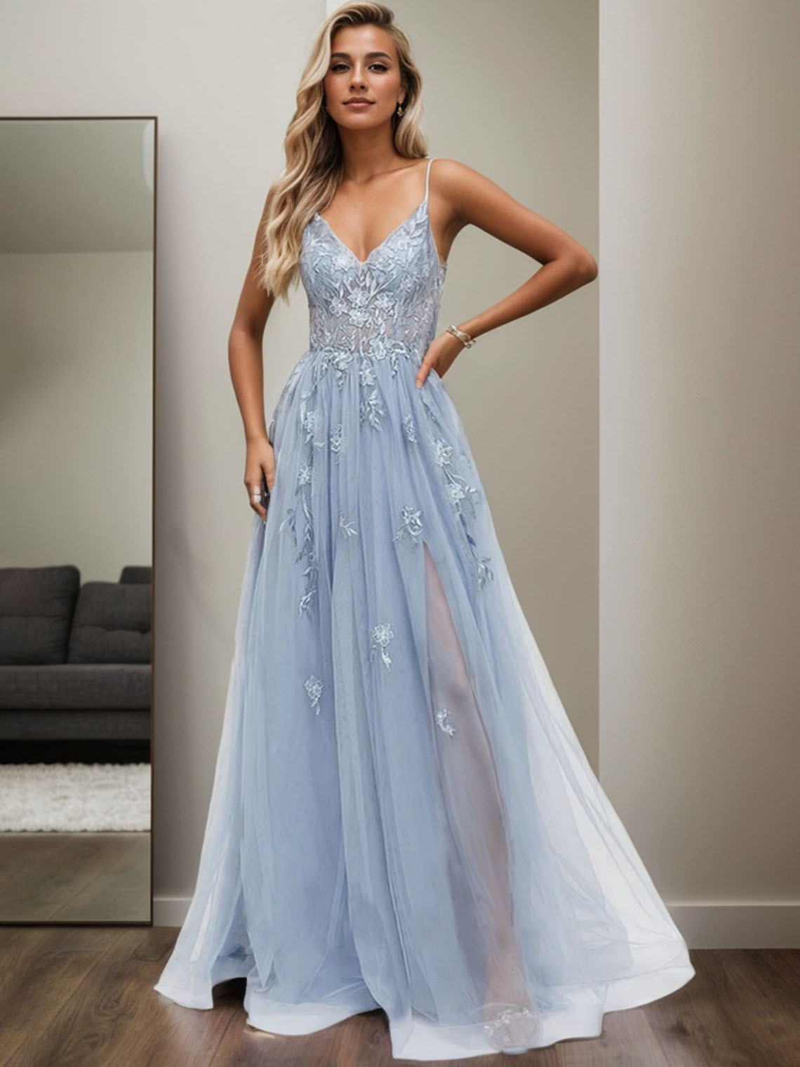 Blue Tulle A-line V Neck Sleeveless Floor Length Long Prom Dress