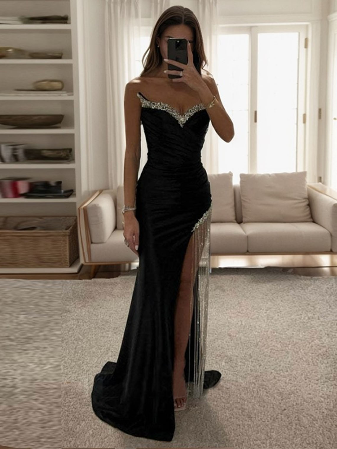 Sheath Elastic Satin Sweetheart With Rhinestone Long Prom Dress