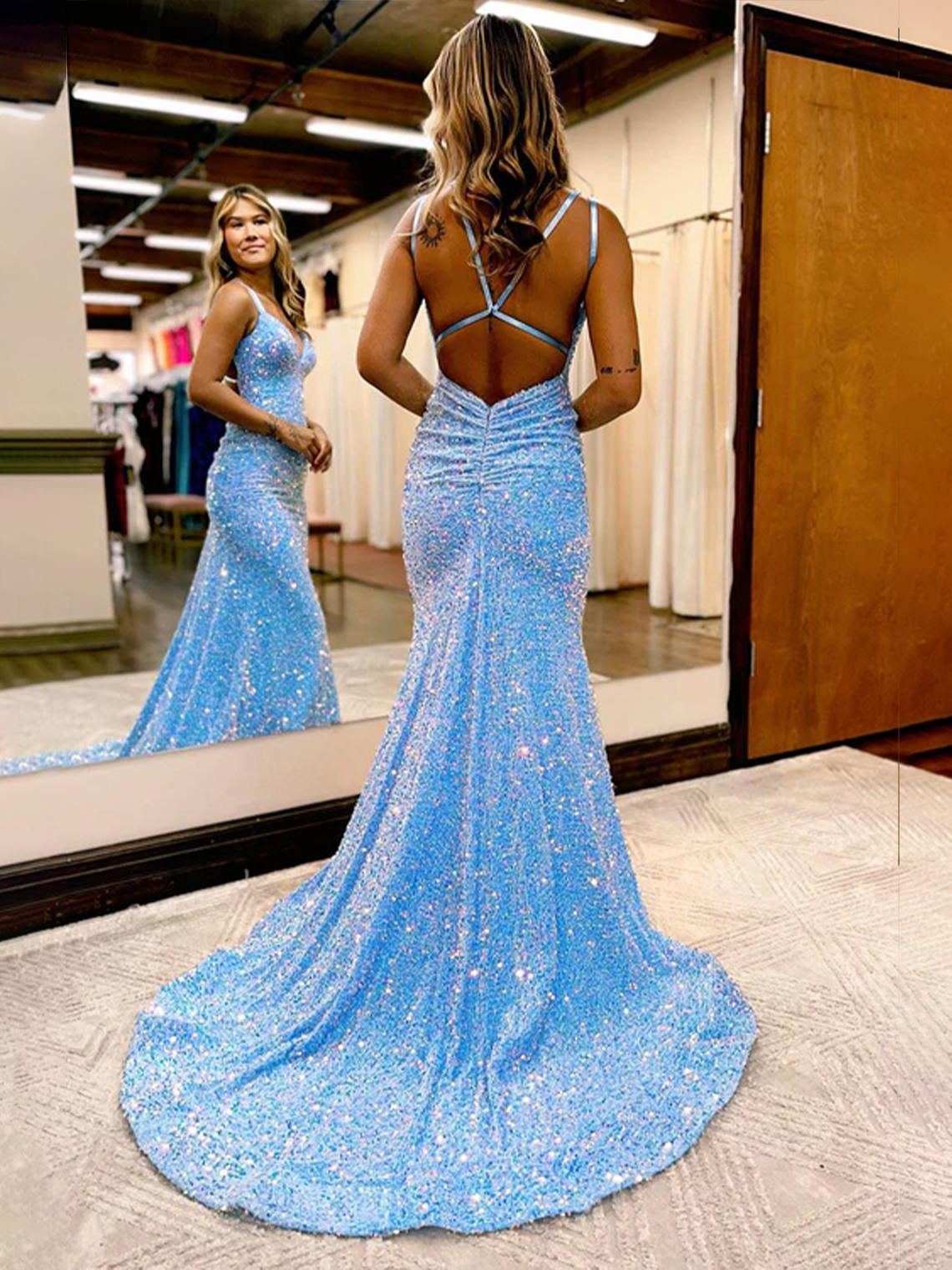 Sparkly Mermaid Sequins V Neck Sleeveless Long Backless Prom Dress