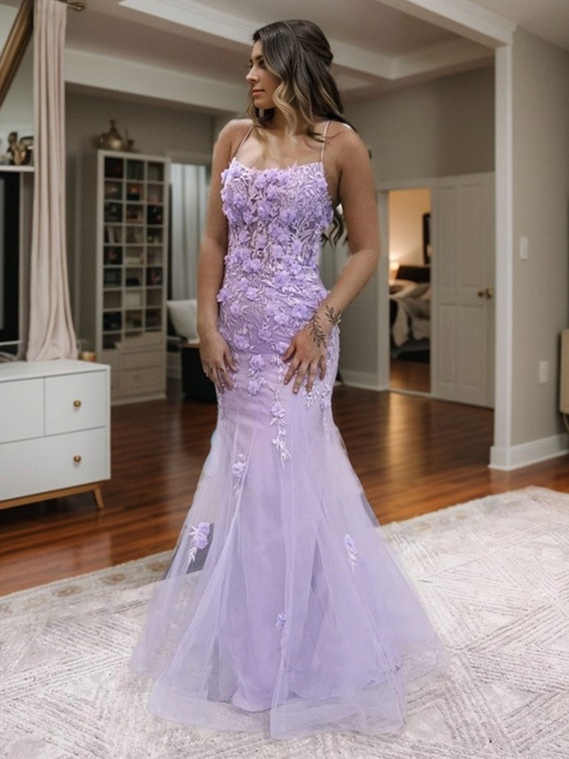 Lilac Tulle Lace Spaghetti Sleeveless With Appliques Long Prom Dress