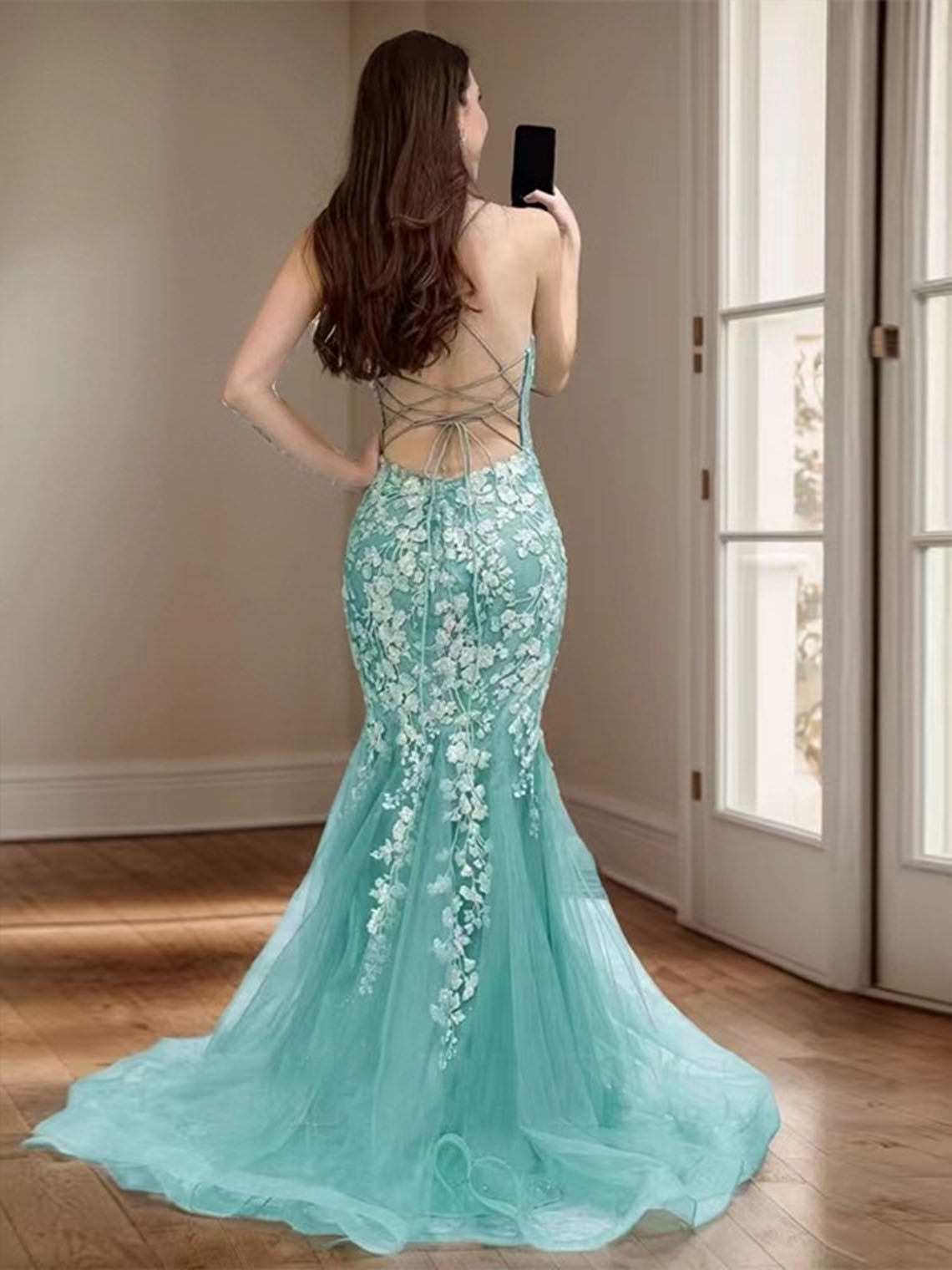 Sheath Tulle Lace V neck Sleeveless With Appliques Long Prom Dress