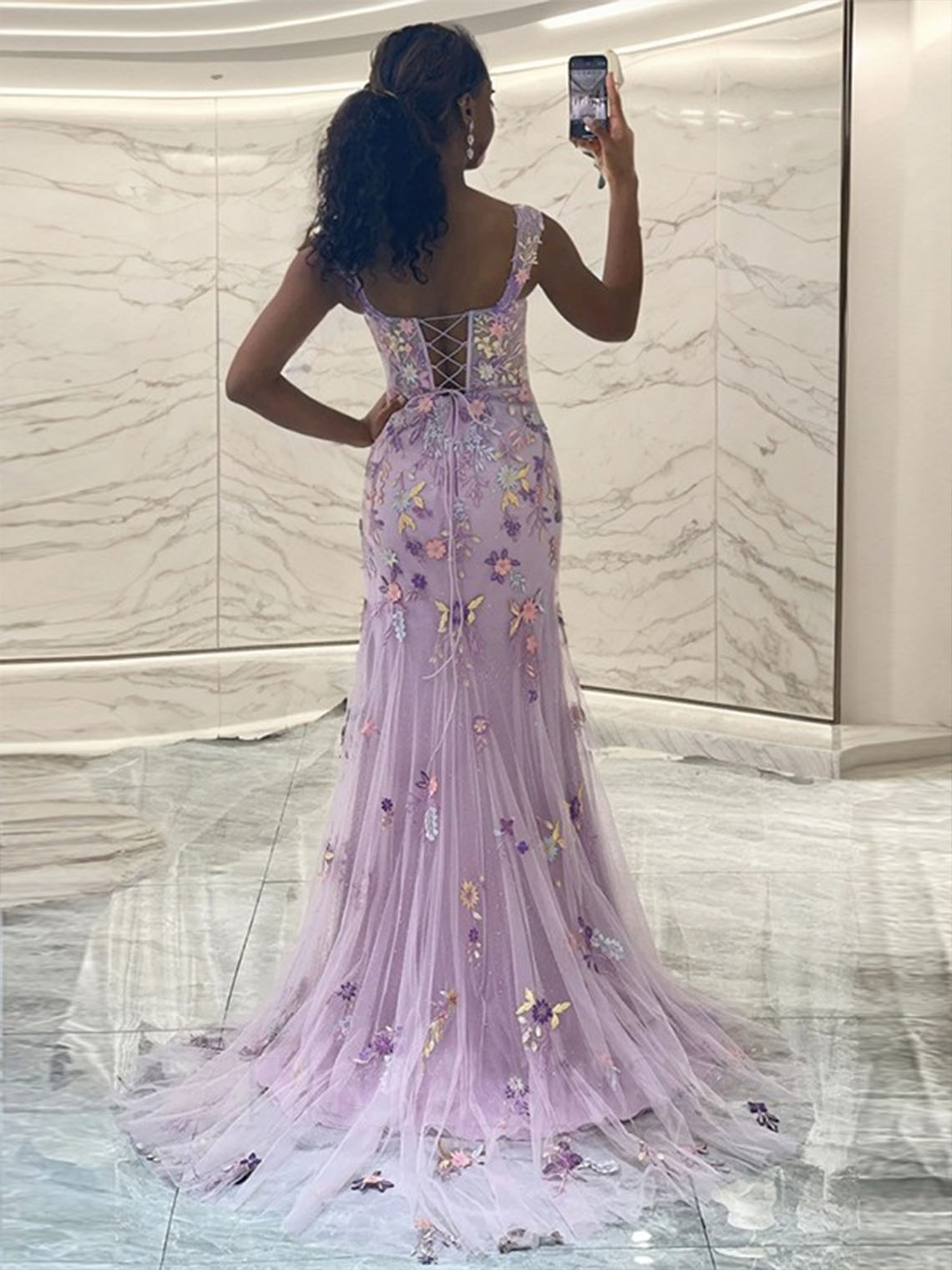 Lilac Sheath Tulle Sleeveless Appliques With High Split Prom Dress ﻿