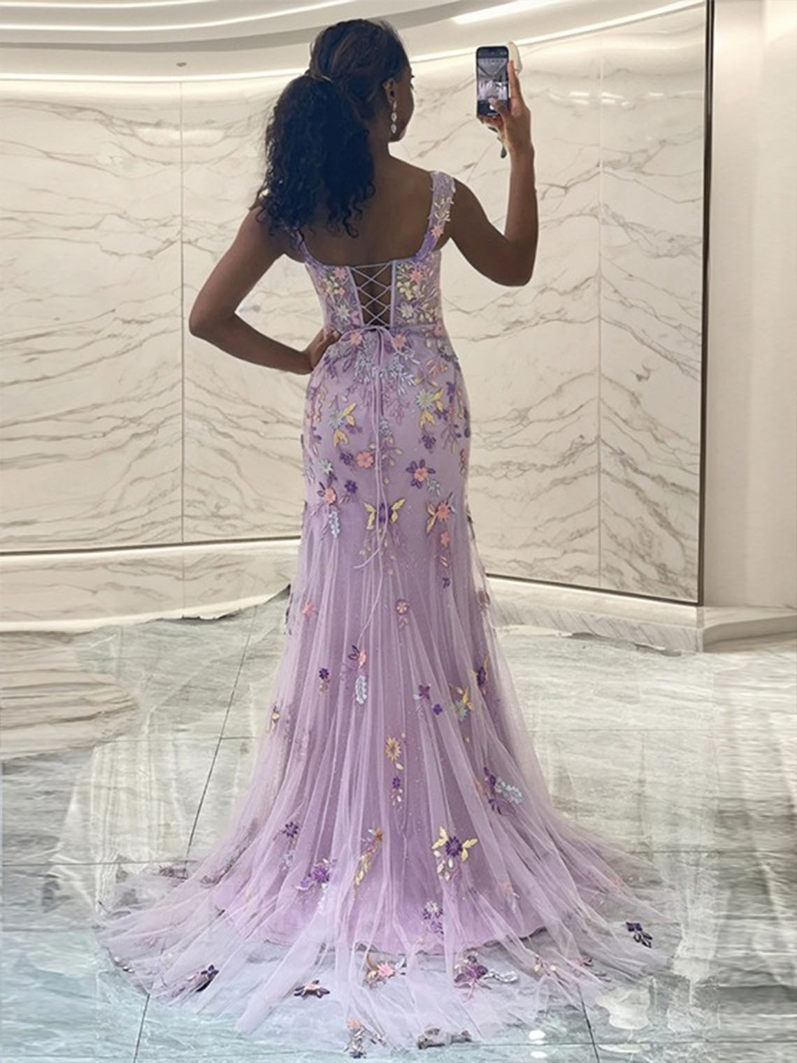 Lilac Sheath Tulle Sleeveless Appliques With High Split Prom Dress ﻿