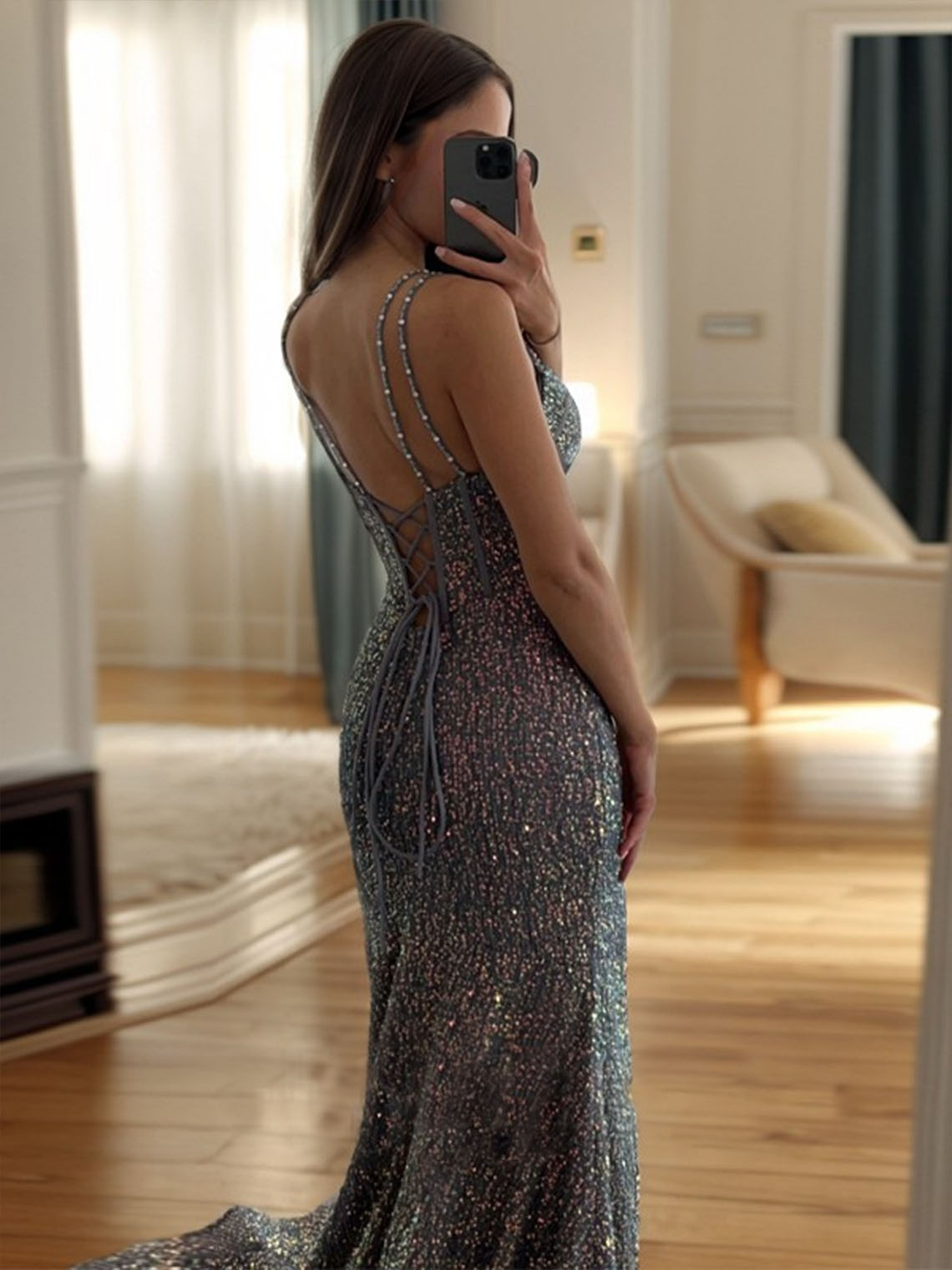 Gray A-line Velvet Sequins Spaghetti With Crossed Straps Prom Dress