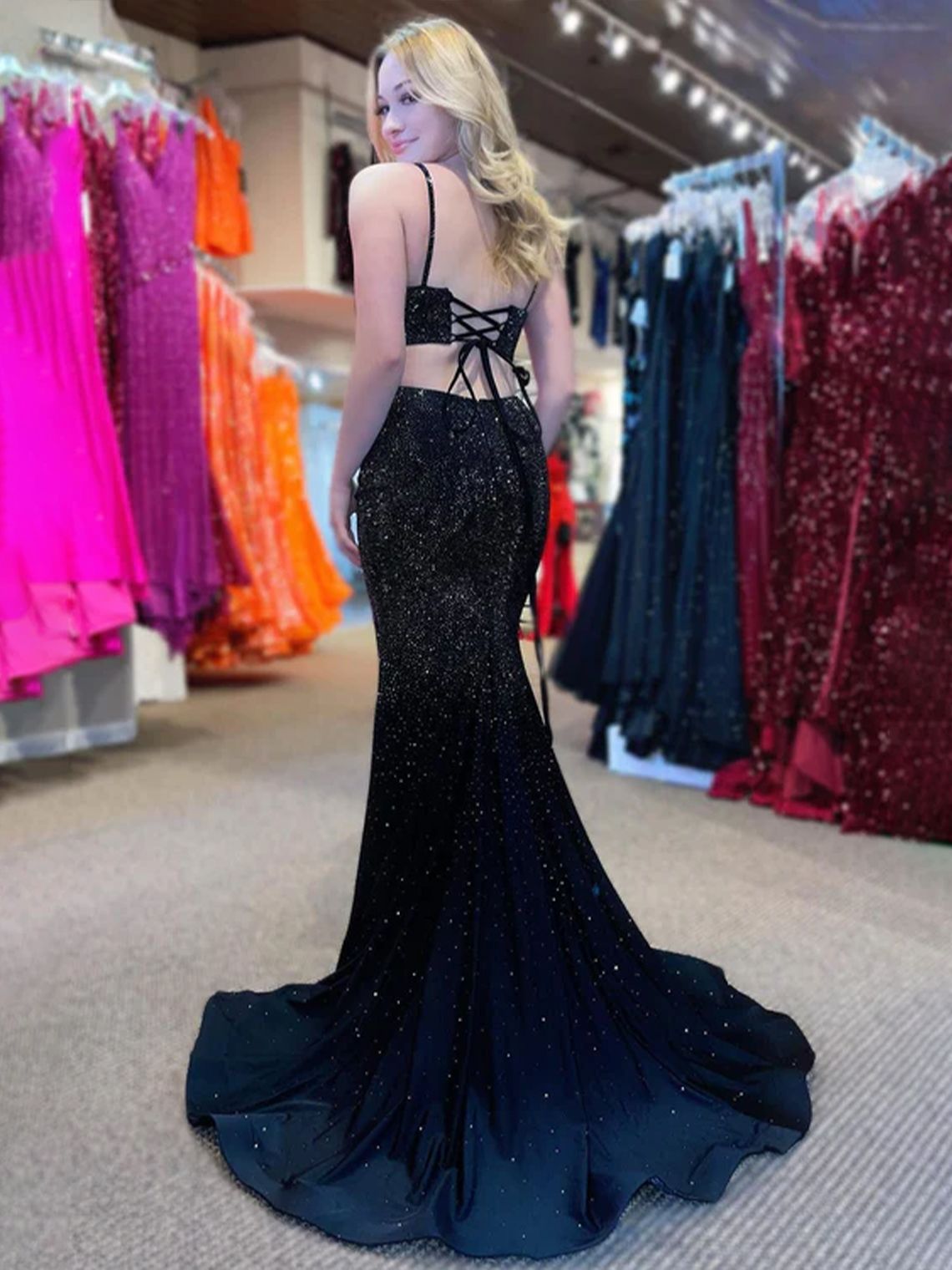 Mermaid Spaghettti Strap Sweep Train Beaded Satin Slit Prom Dress