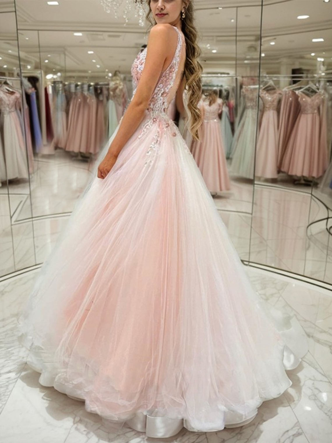 Pink Tulle A line V neck Sleeveless With Appliques Long Prom Dress