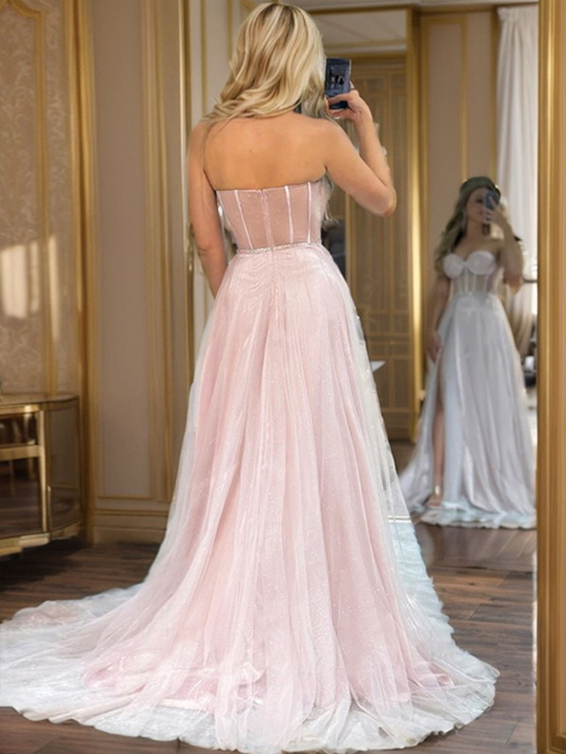 Pink A line Tulle Sweetheart Sleeveless With Slit Long Prom Dress