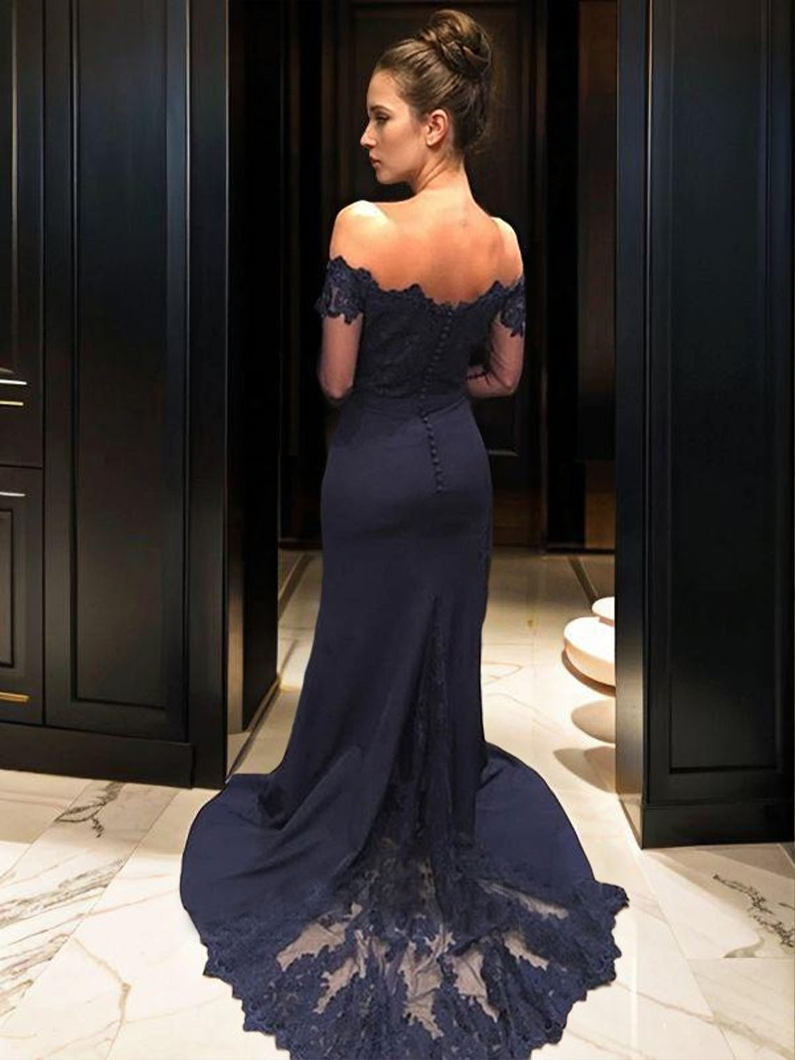 Dark Navy Mermaid Stretch Crepe Off the Shoulder Long Evening Dress